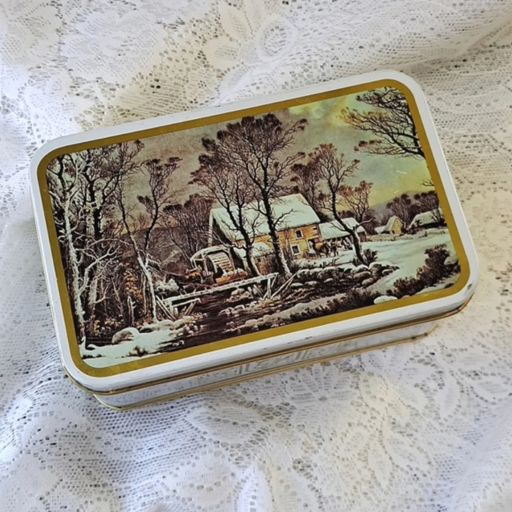 Vtg Currier & Ives The Old Grist Mill Tin Storage Container Box - Tea Cookies